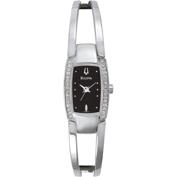 Bulova Accessories - Bulova Swarovski Watch Silver Black Dial